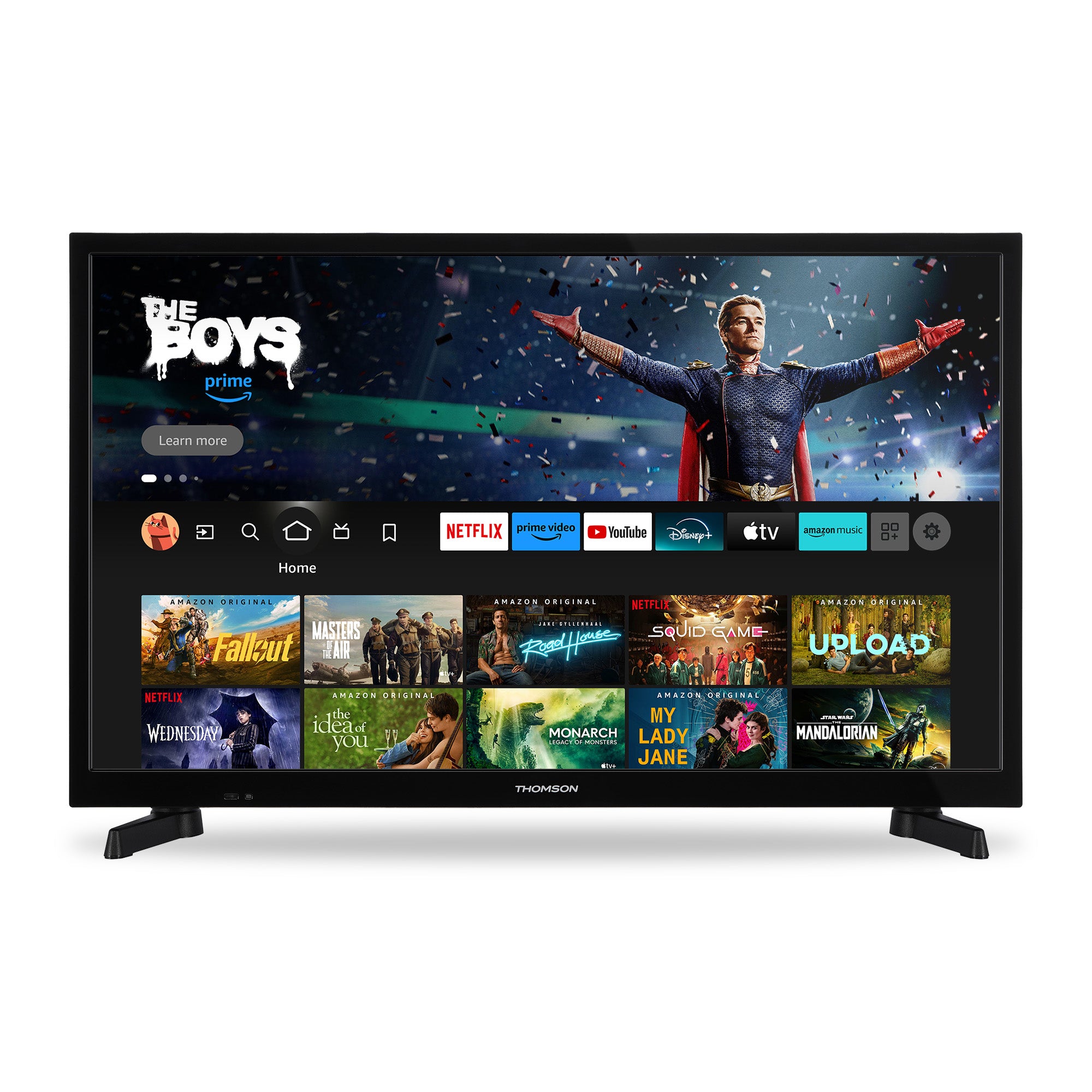 Smart TV displaying streaming platform interface with various shows and apps.