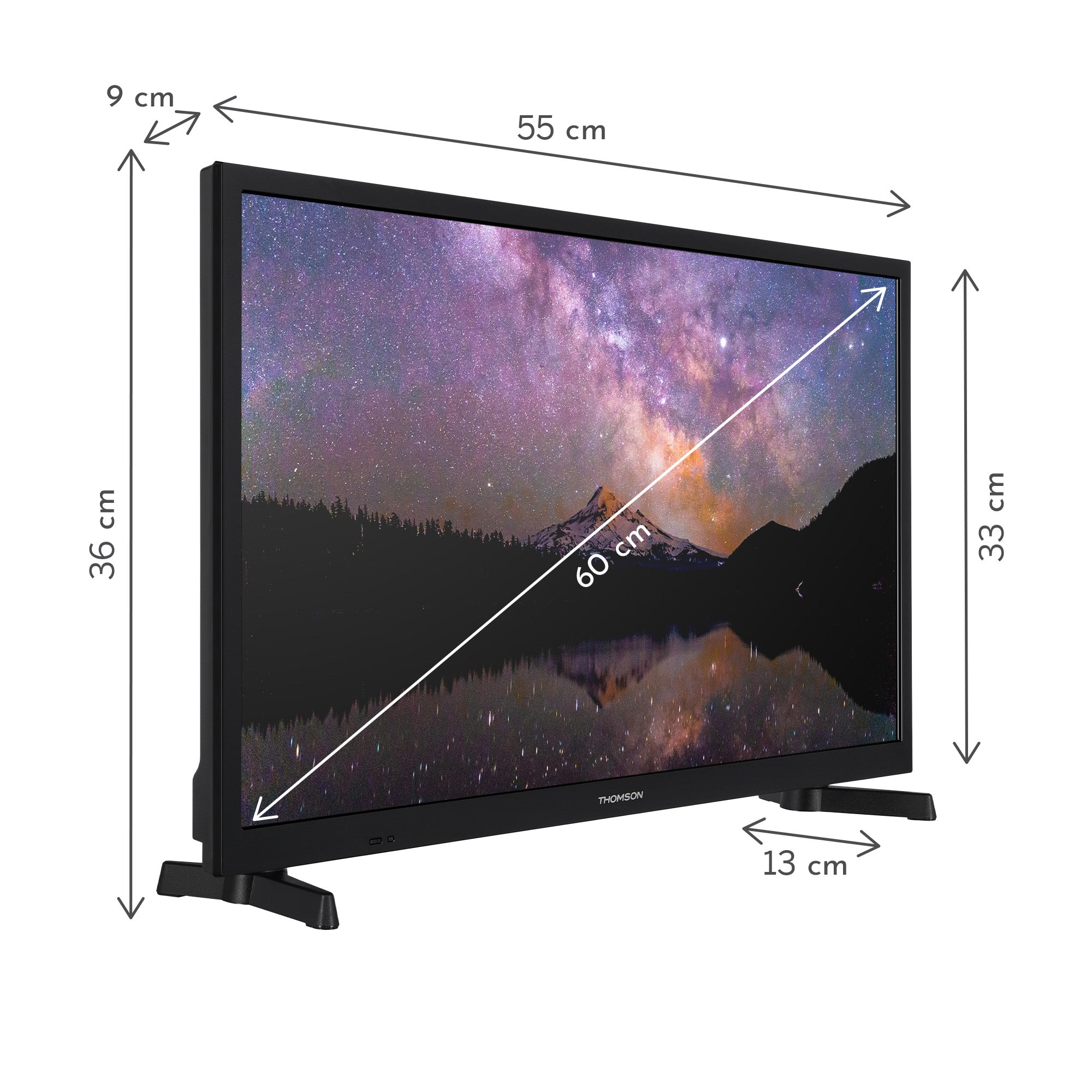Smart TV with dimensions labeled on a white background