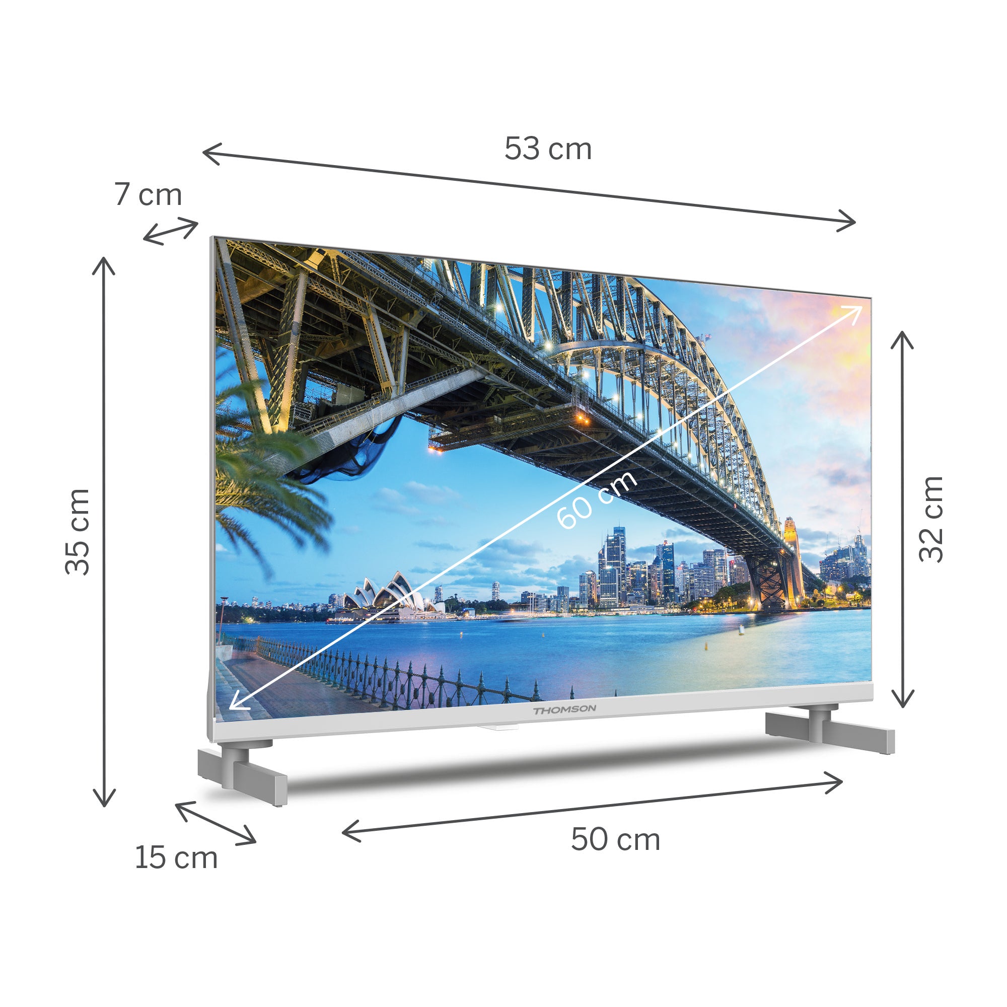 Thomson Smart TV with dimensions labeled on a white background