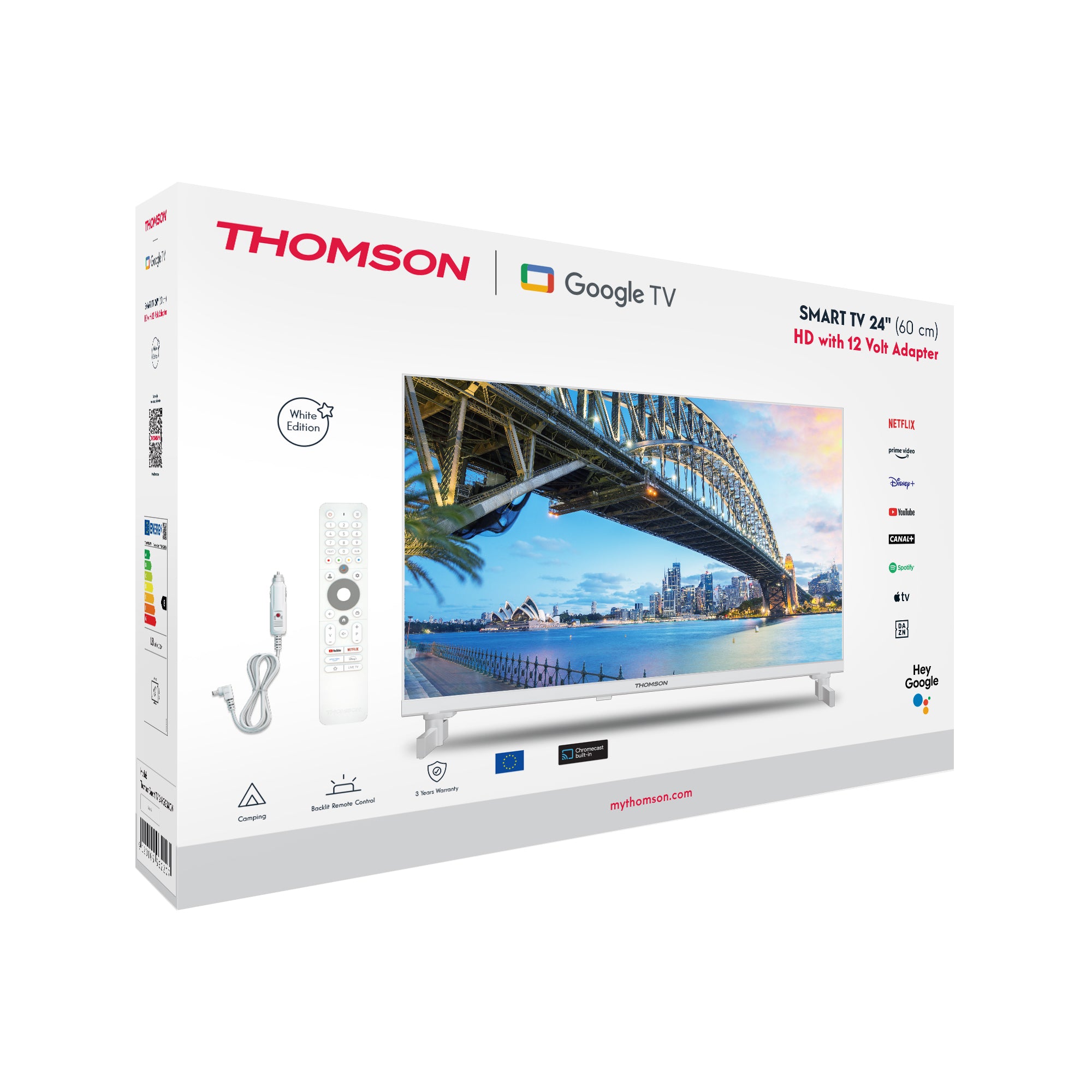 Thomson Google TV packaging with a bridge and cityscape on the screen