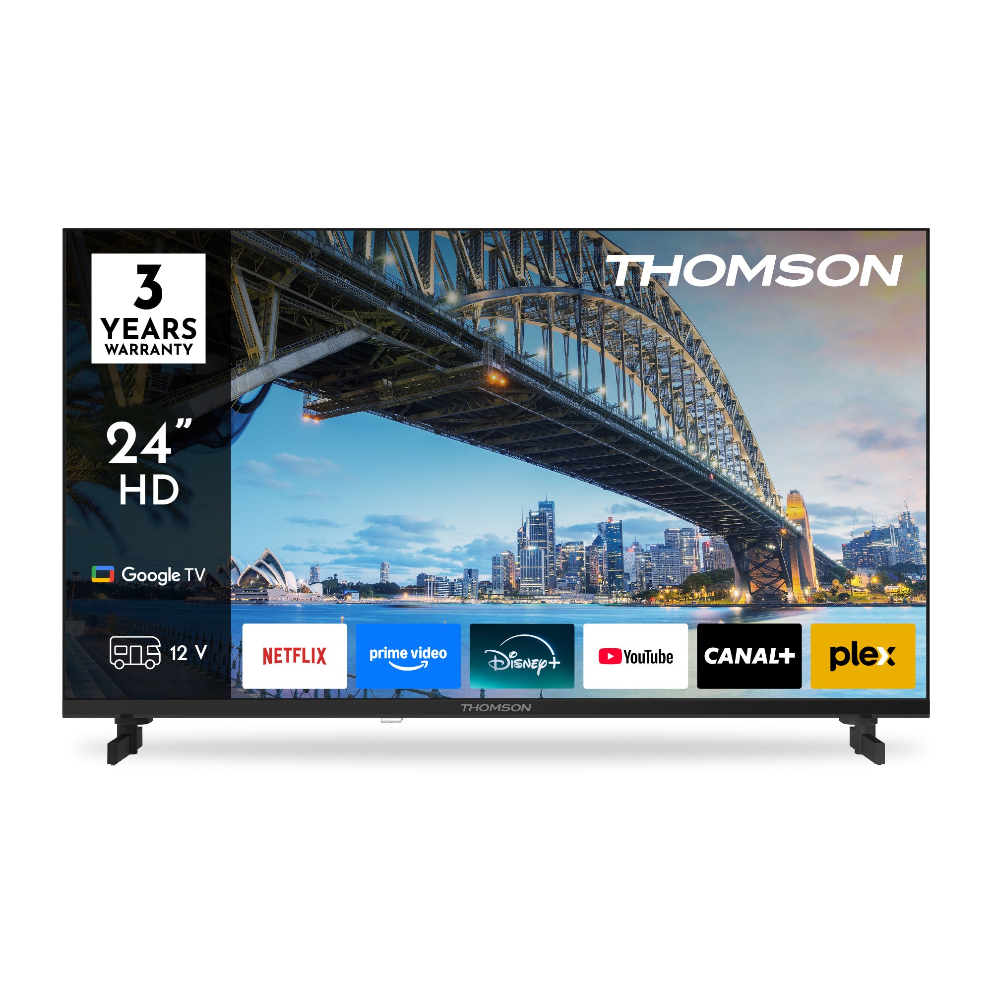 Thomson TV displaying a cityscape with streaming app logos on a white background
