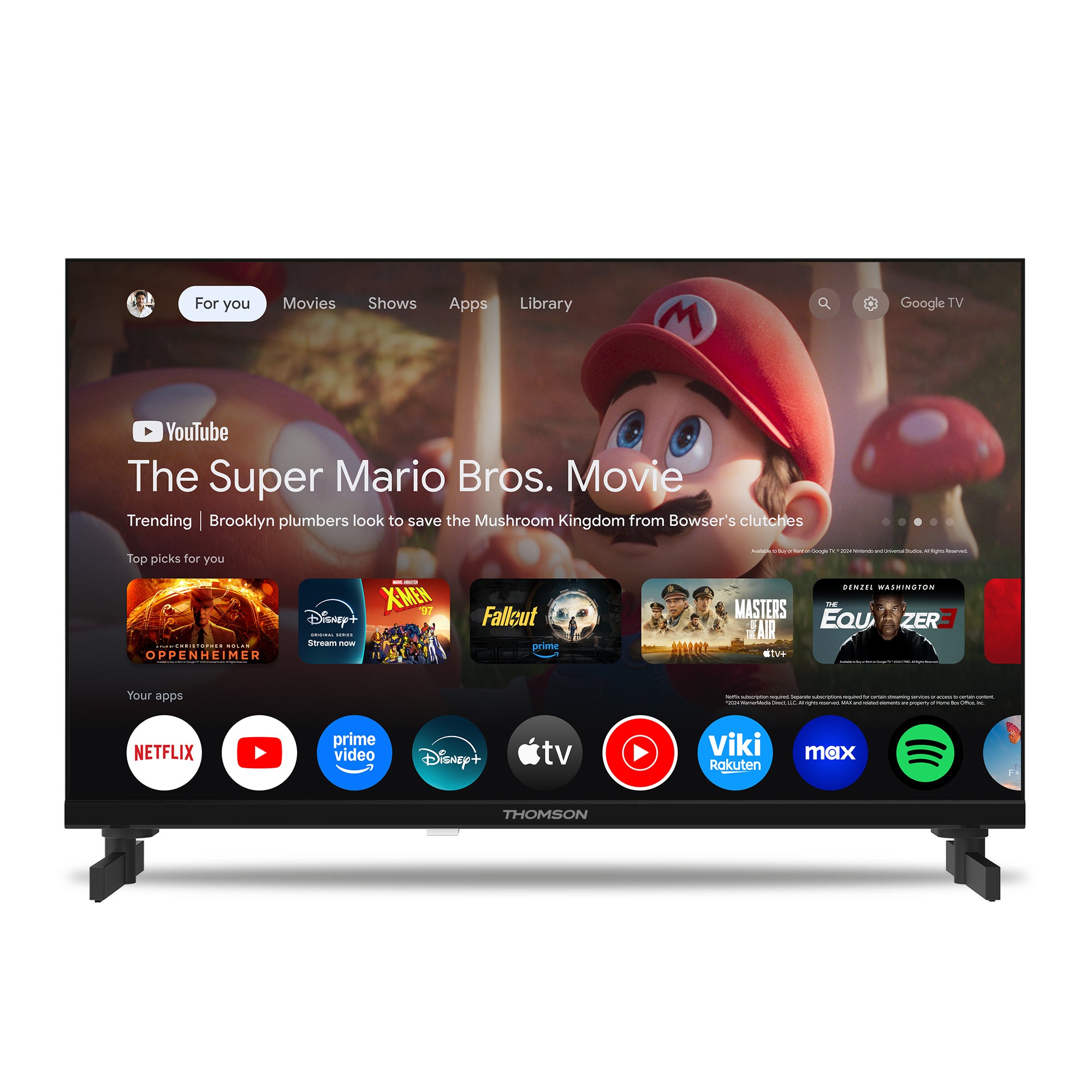 Smart TV displaying a streaming platform interface with a Super Mario Bros. movie promotion.
