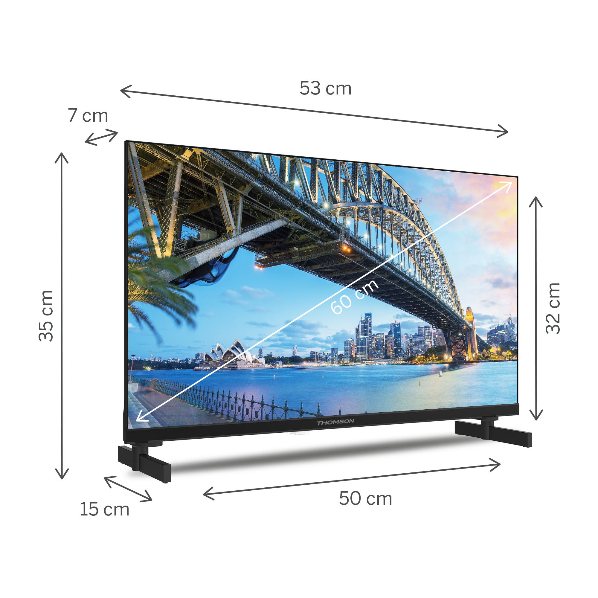 Thomson Smart TV with dimensions labeled on a white background