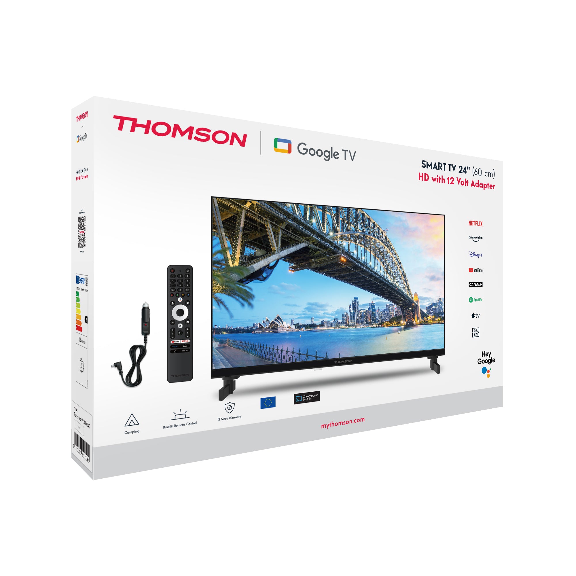 Thomson smart TV packaging with Google TV logo on a white background