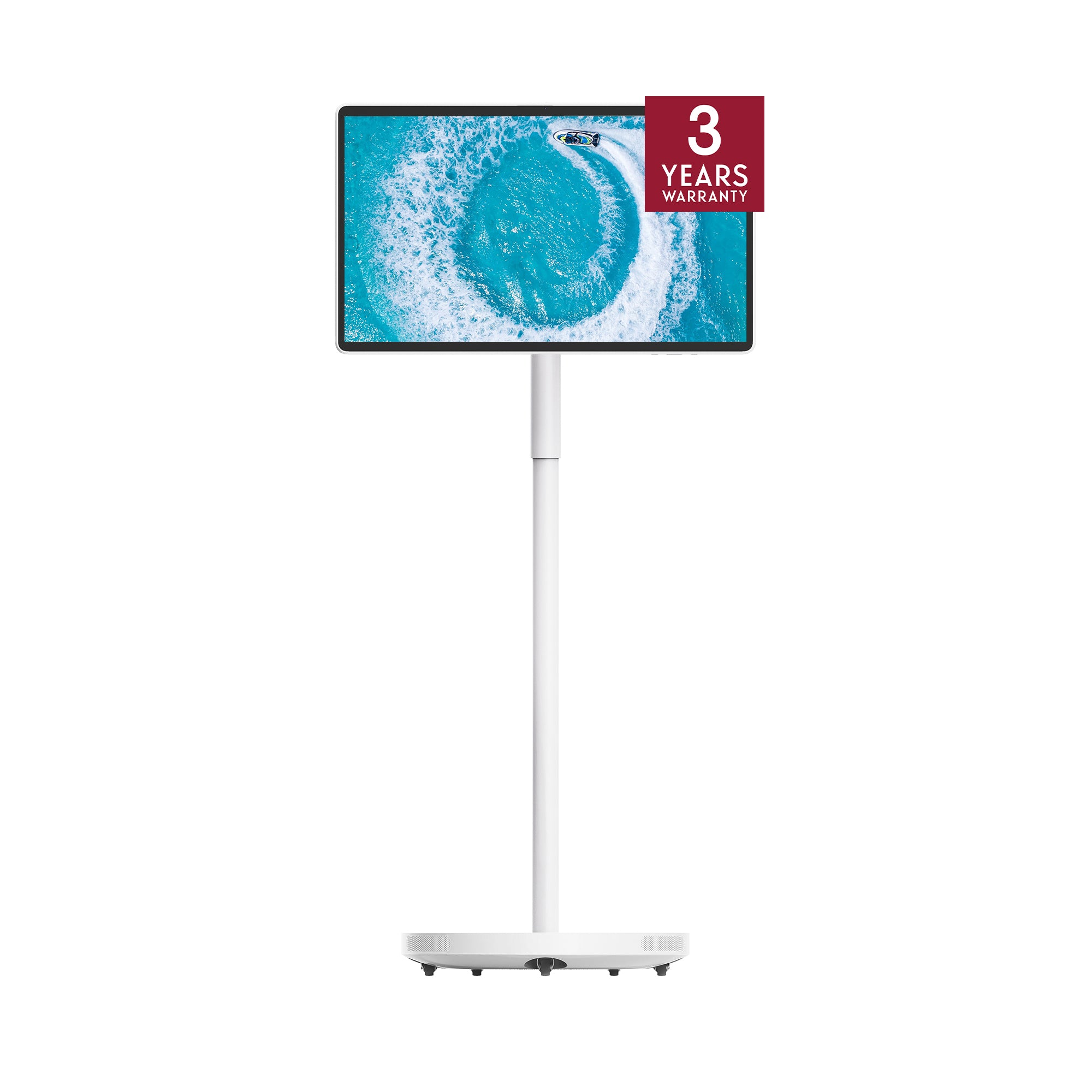 Digital display screen on a stand with a blue screen and '3 Years Warranty' label.