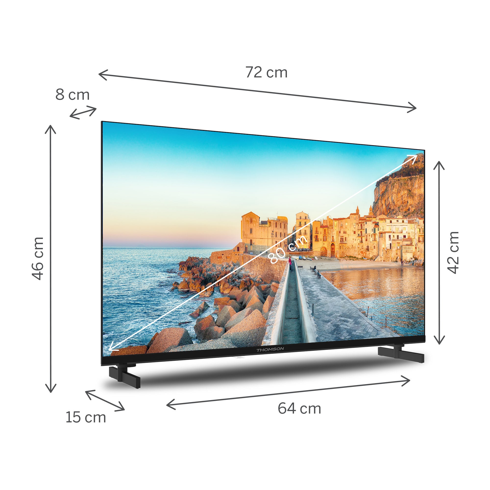 Thomson Smart TV with dimensions labeled on a white background