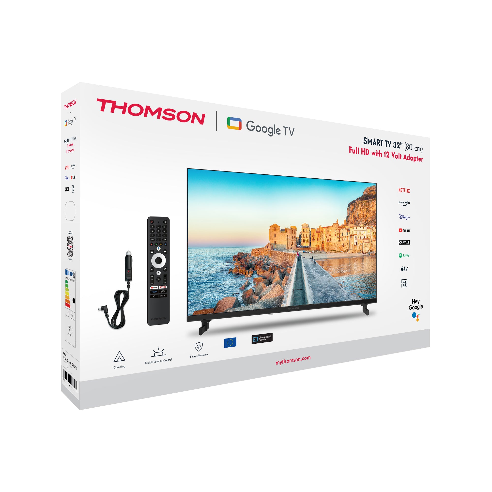 Thomson Google TV packaging with a scenic display on the screen.