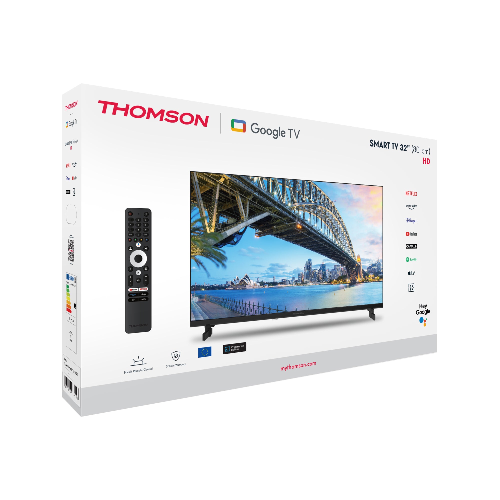 Thomson smart TV packaging with a bridge and cityscape on the screen