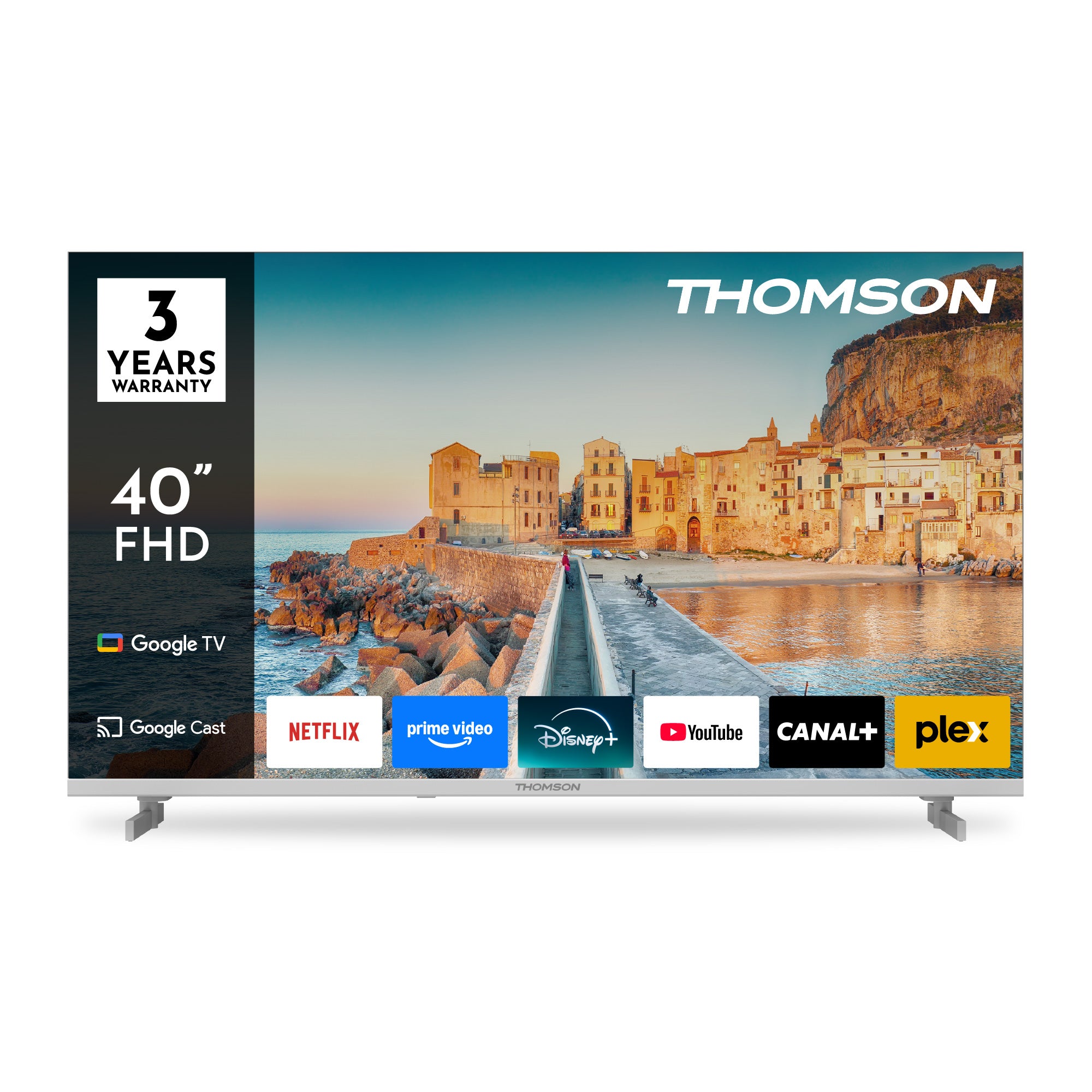 Thomson 40-inch FHD TV with brand logo and features on a scenic background