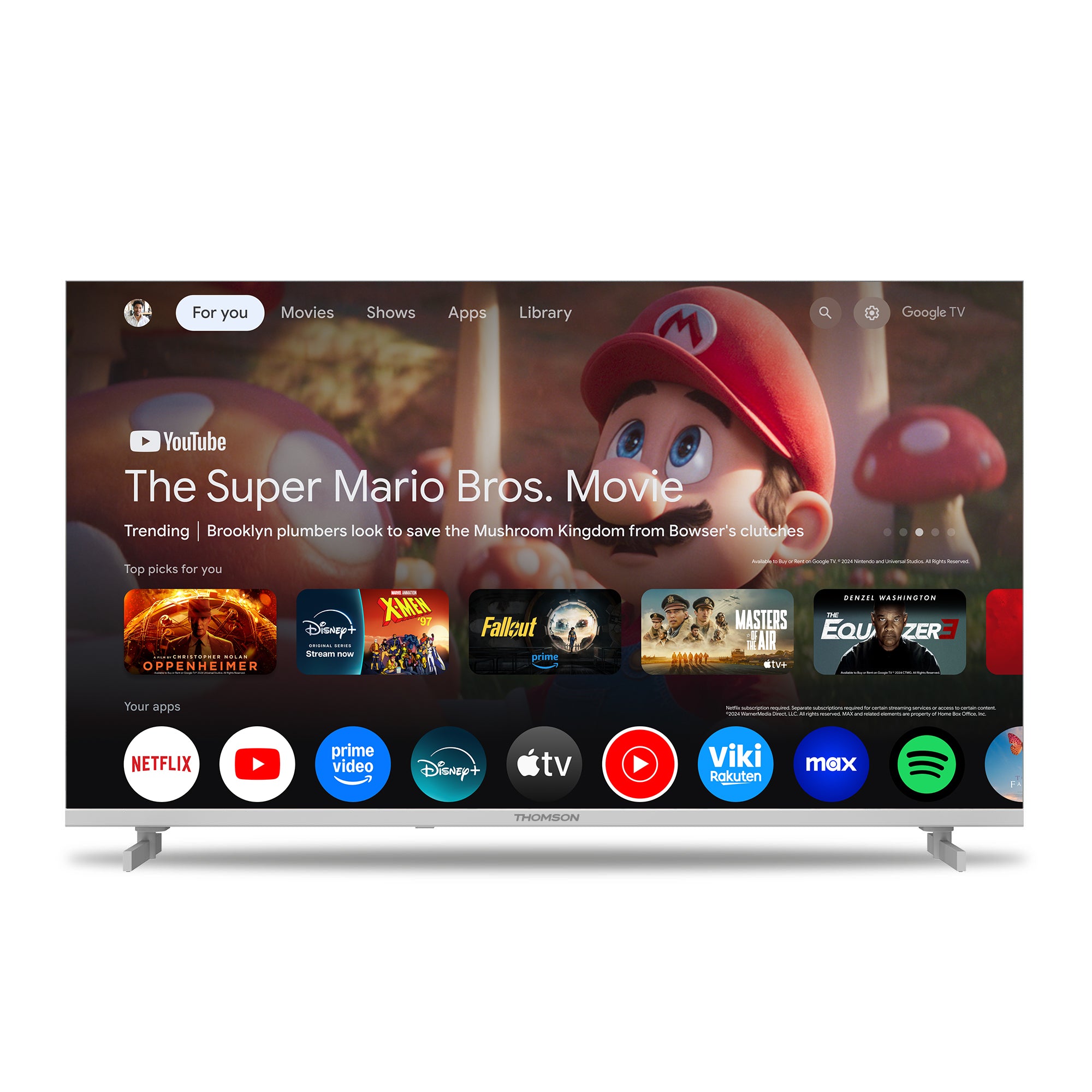 Thomson Smart TV displaying a streaming platform interface with various app icons.