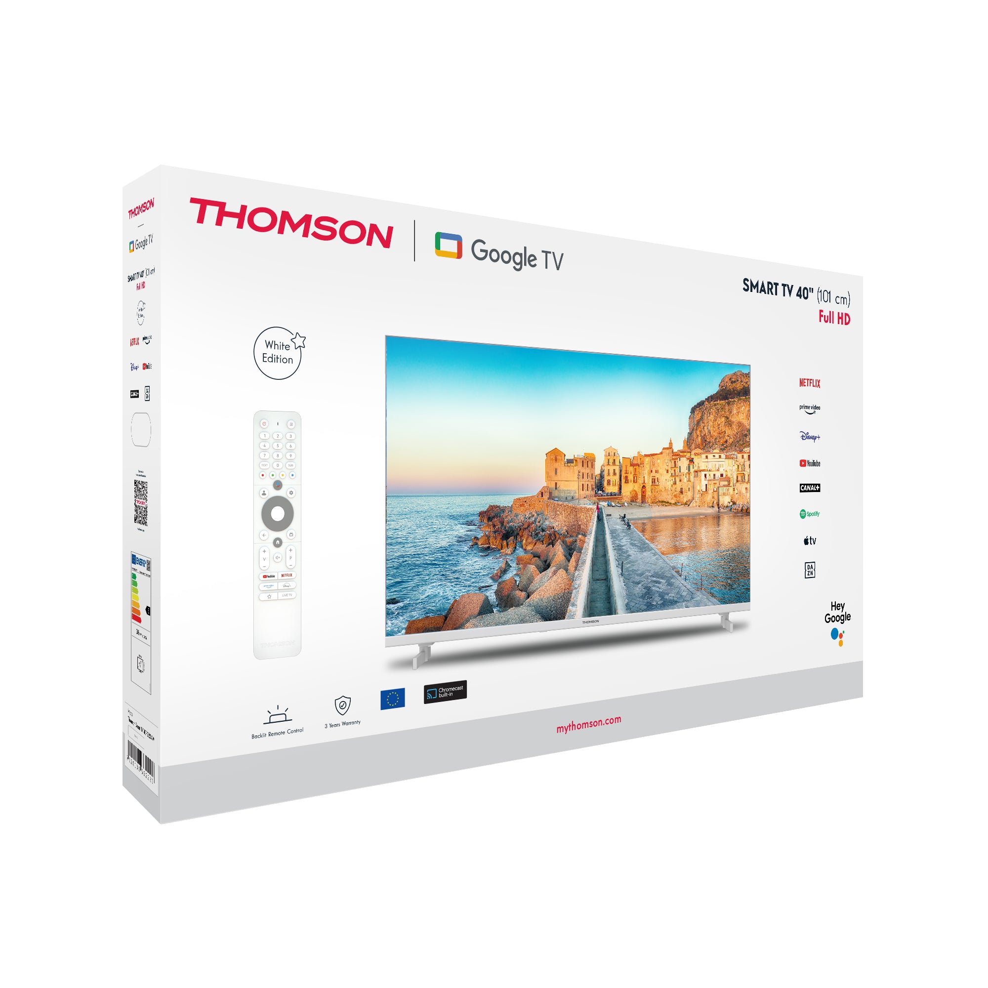 Thomson Google TV packaging with scenic display on a white background