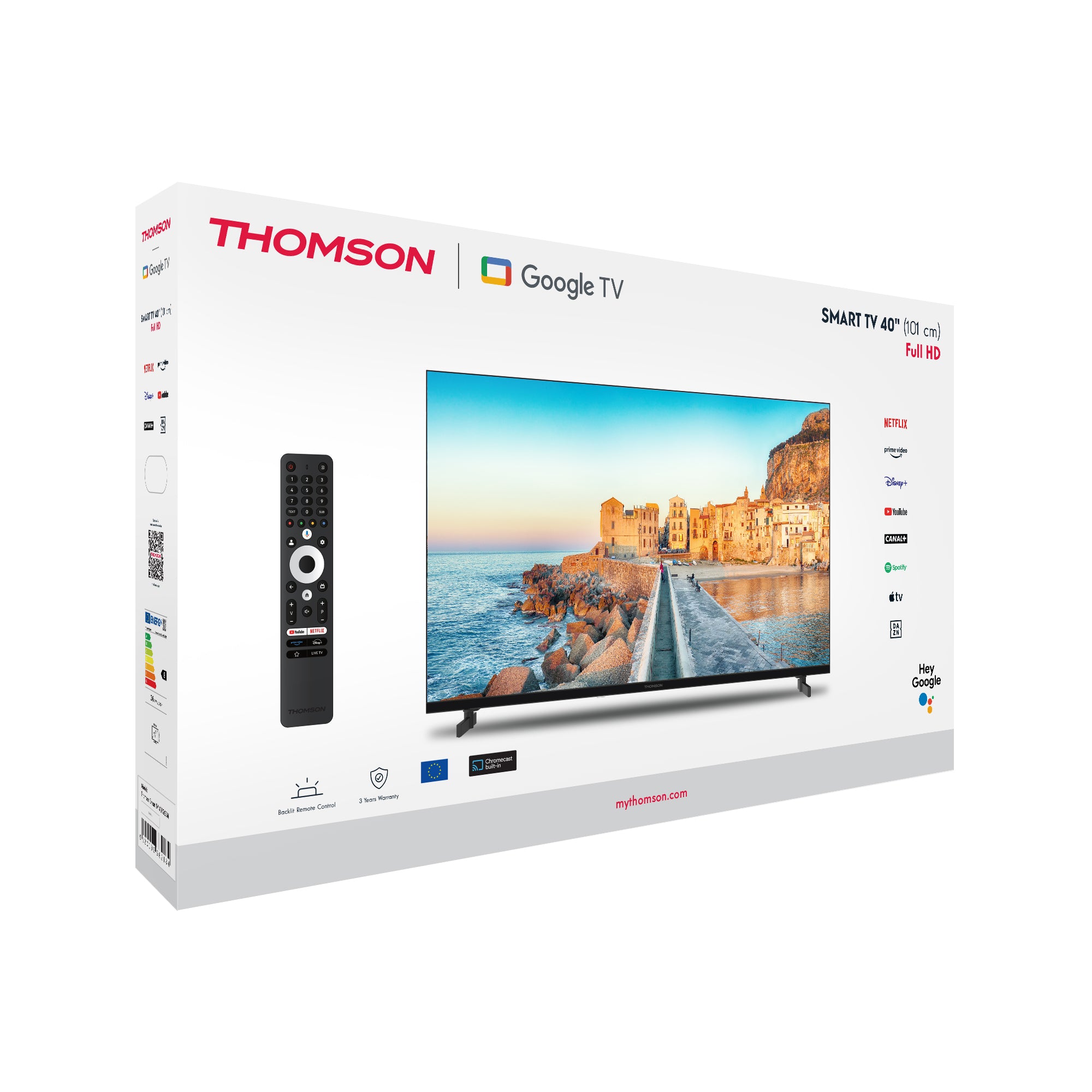 Thomson Google TV packaging with a scenic display on the screen.