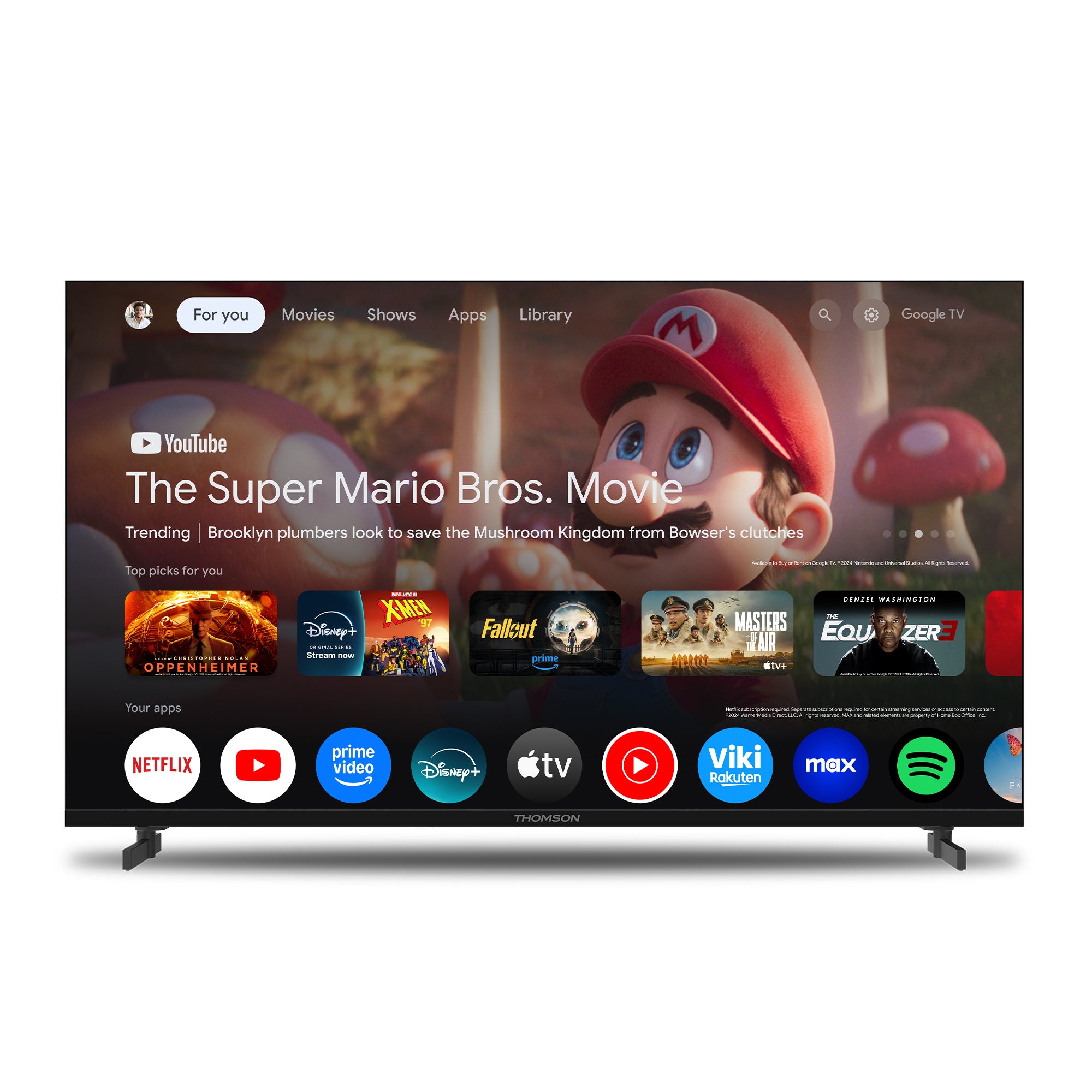 Thomson Smart TV displaying a streaming platform interface with various app icons.