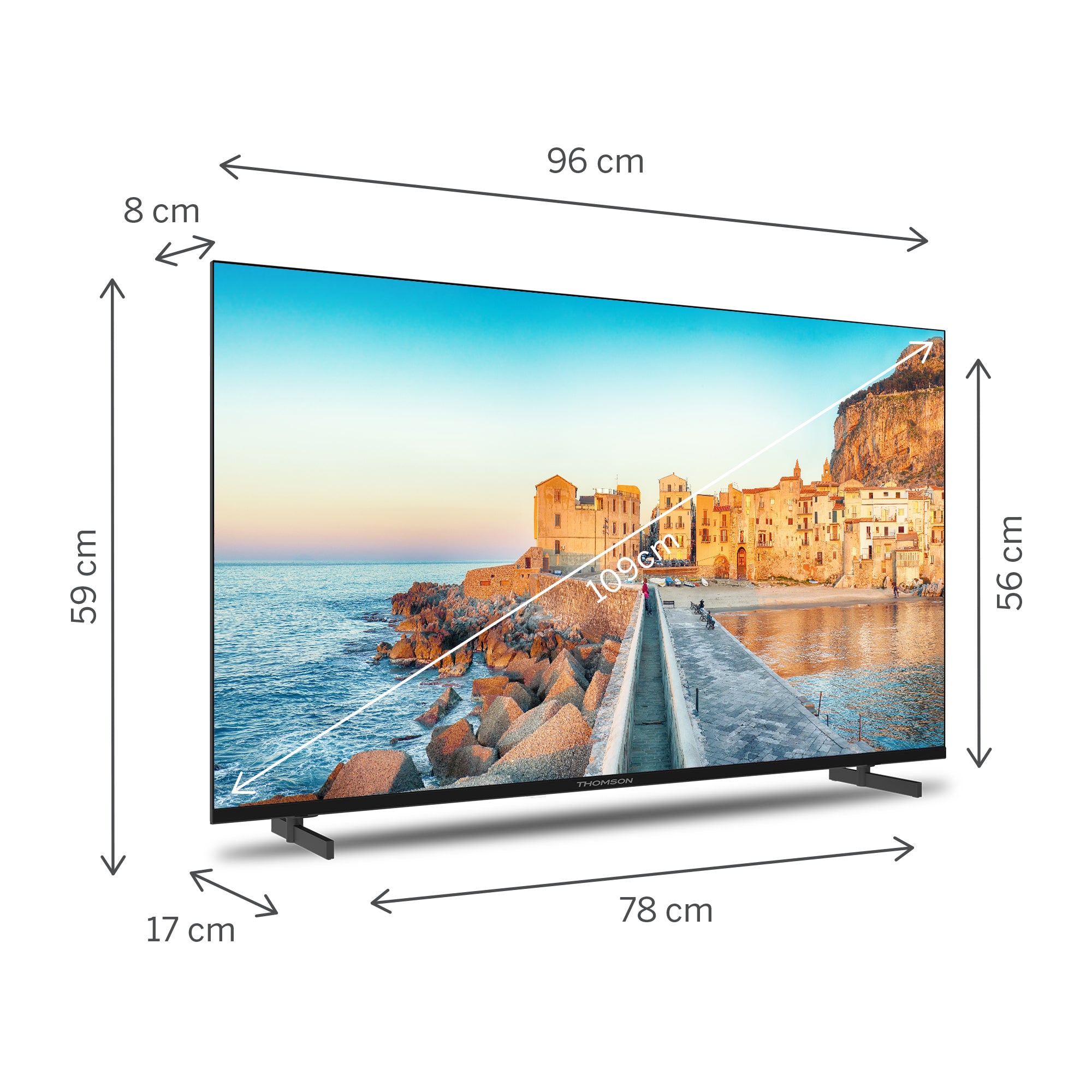Thomson Smart TV with dimensions labeled on a white background