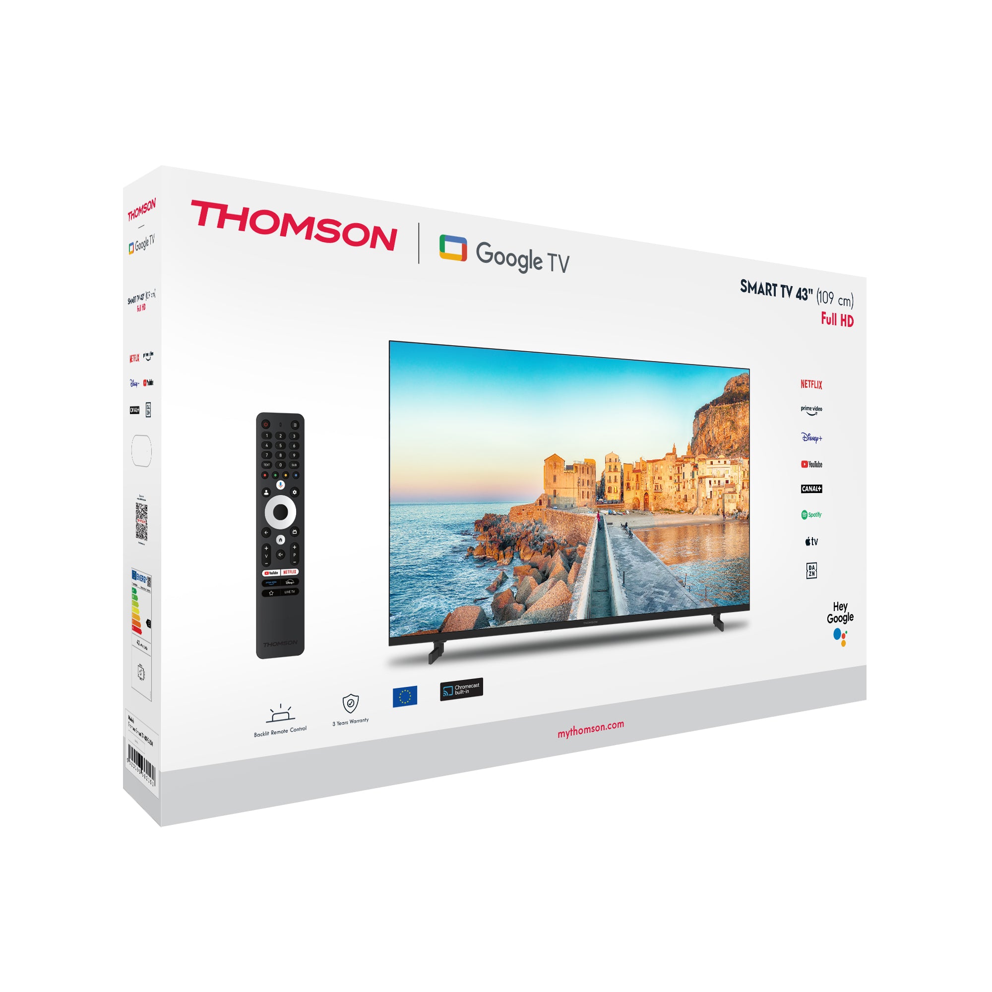 Thomson TV packaging with Google TV logo on a white background