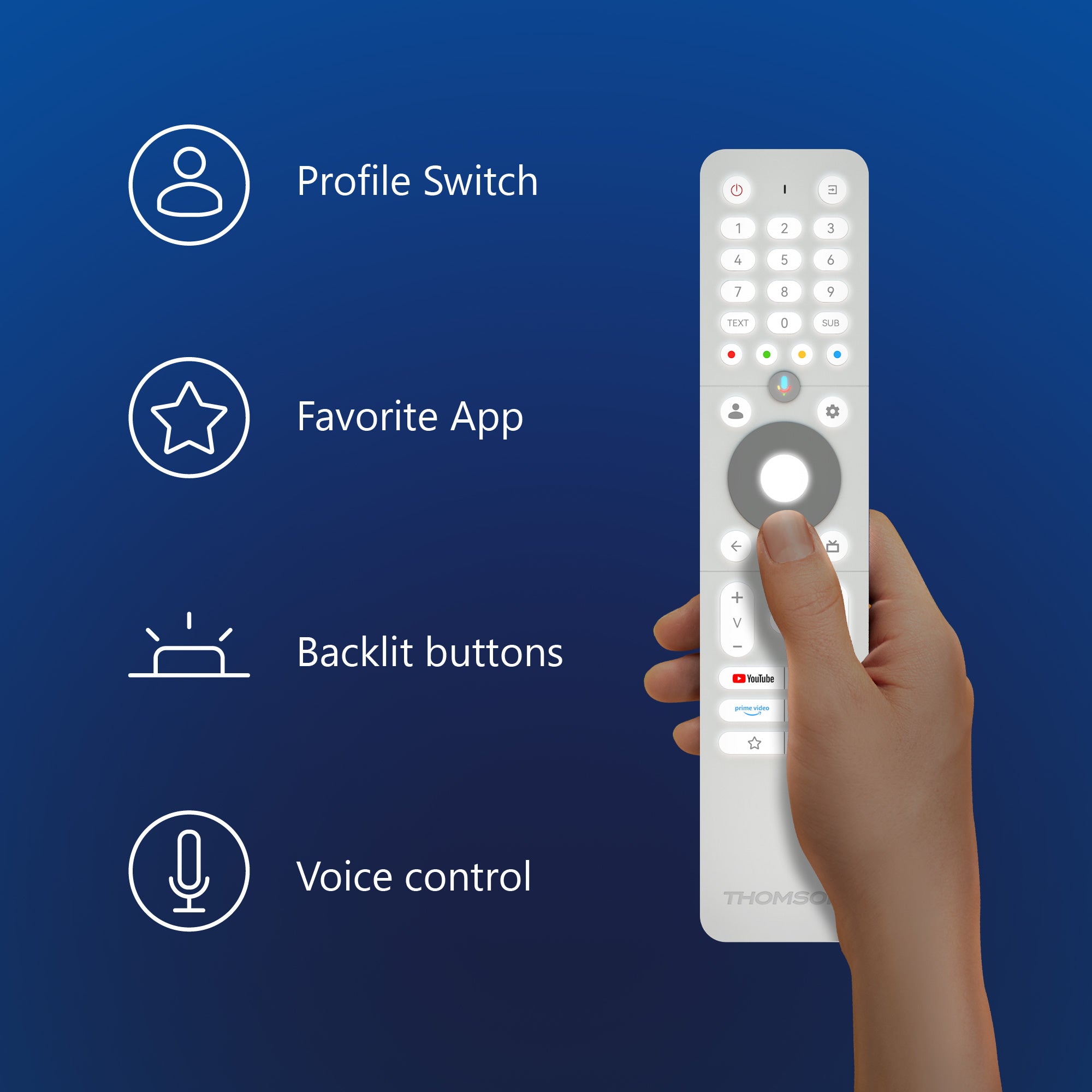 Hand holding a remote control with features listed on a blue background