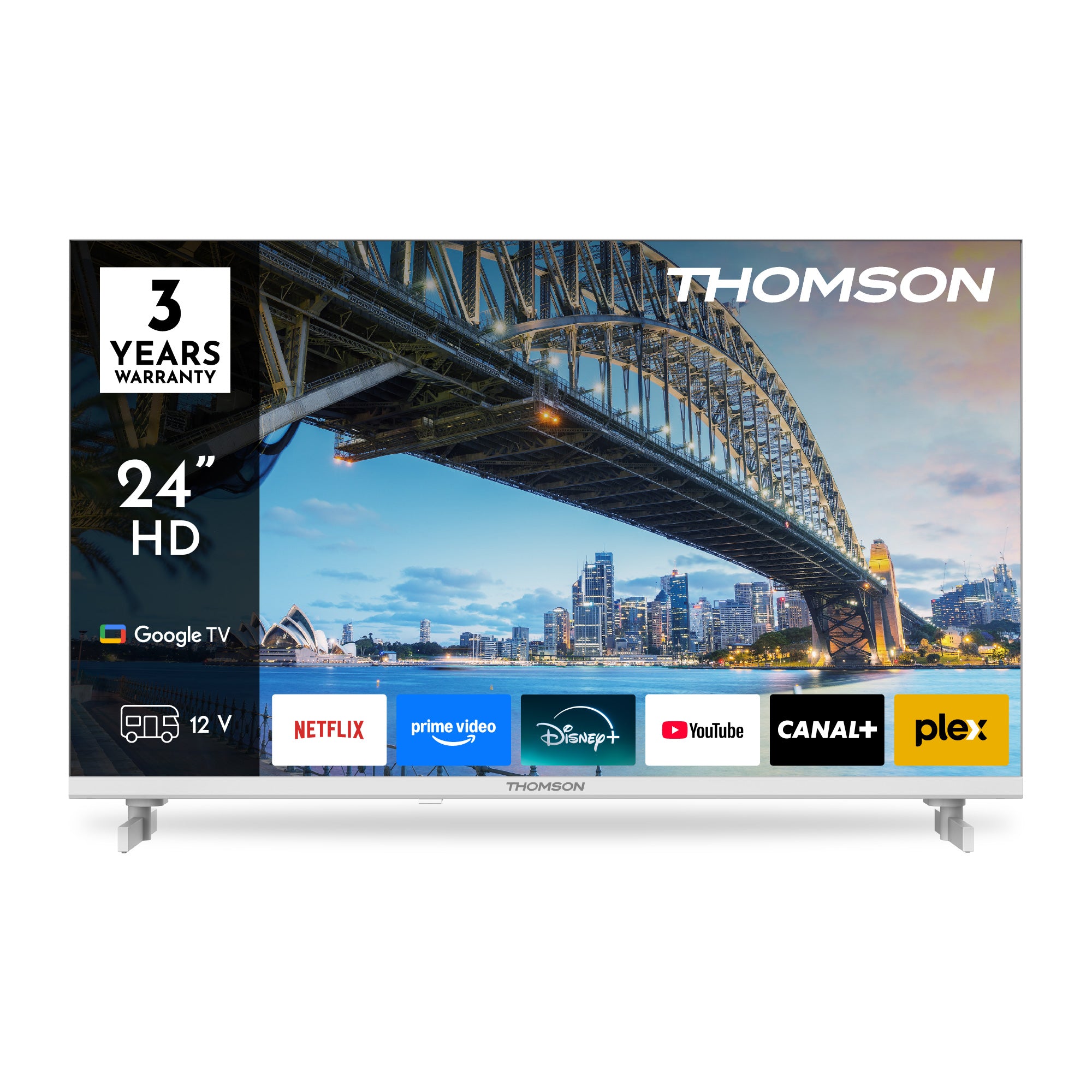 Thomson 24-inch HD TV displaying a cityscape with bridge and various app logos on the screen.