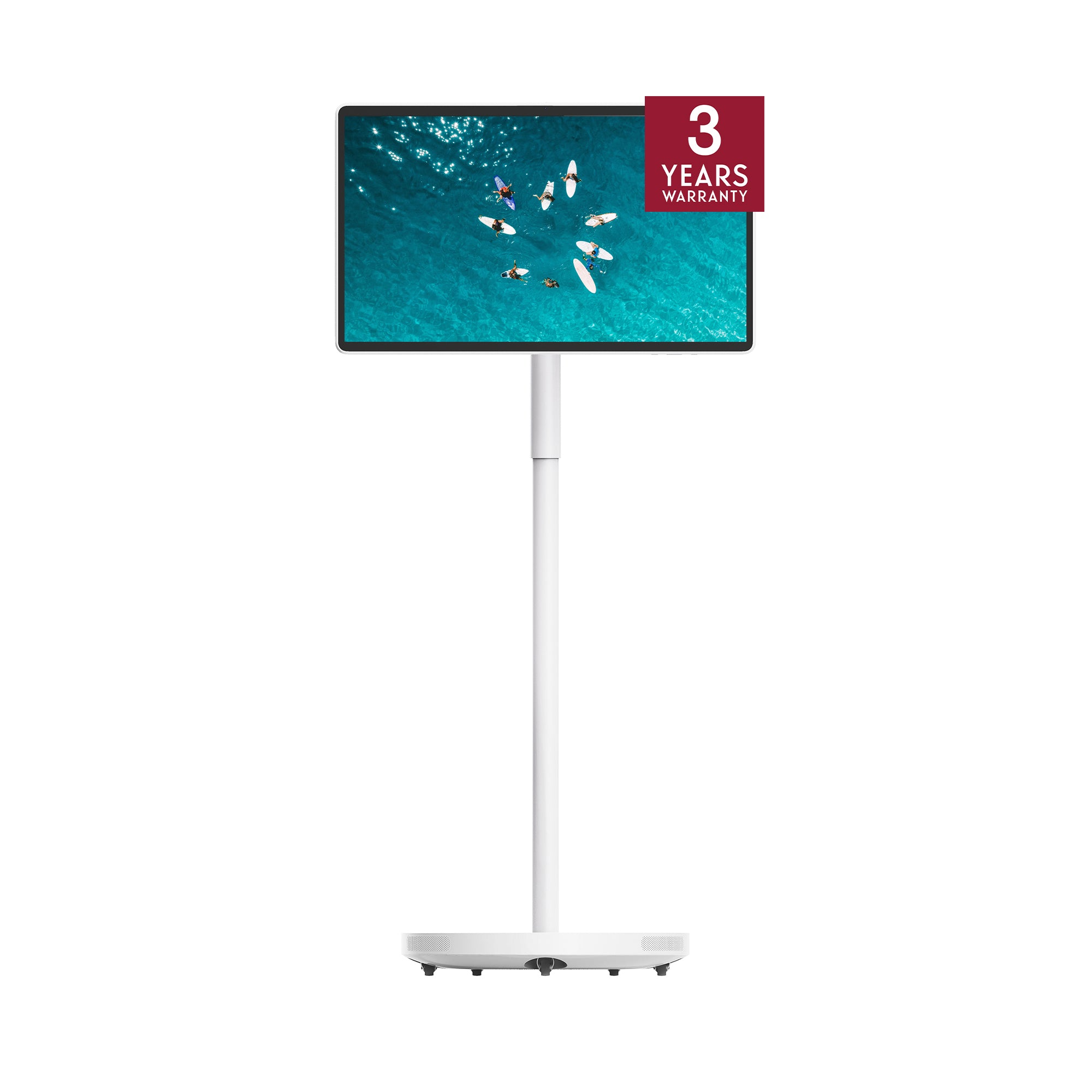 Mobile display on a stand with a warranty badge on a white background