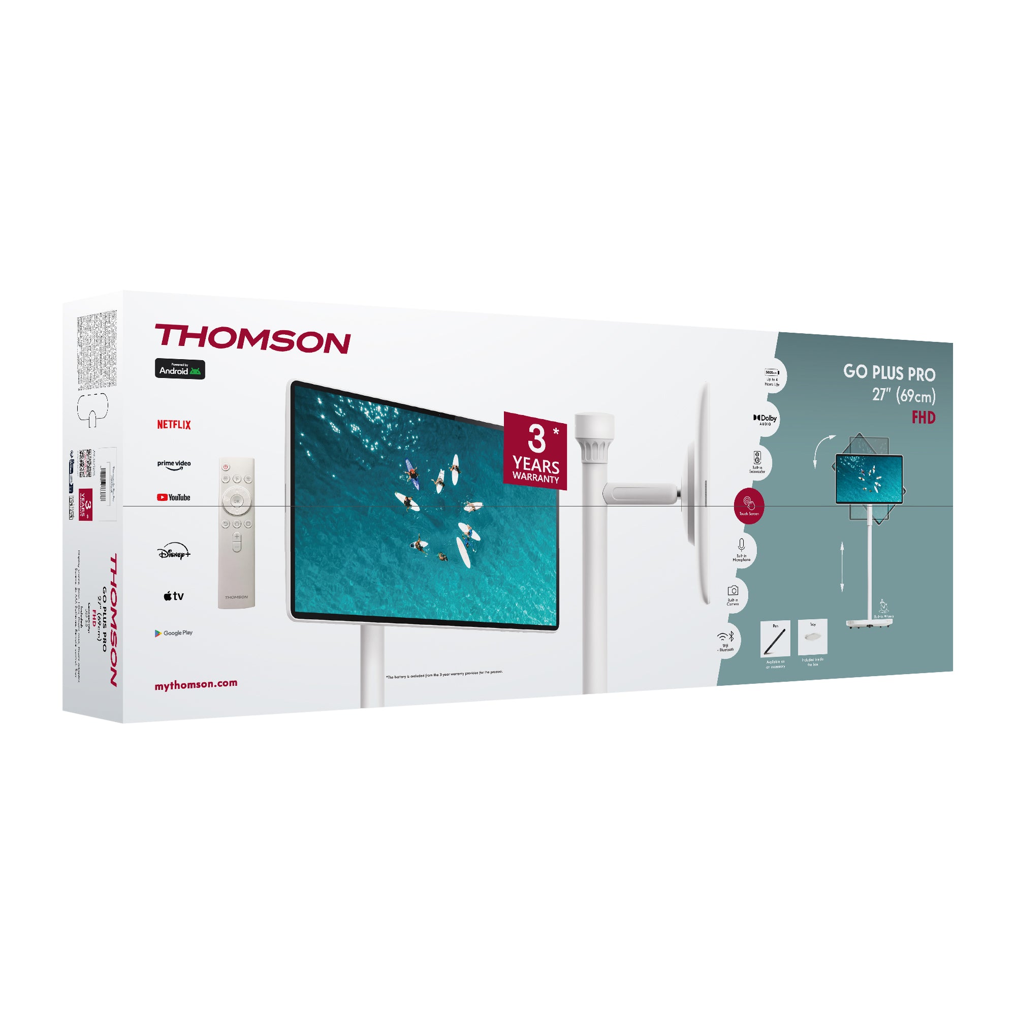 Thomson TV packaging with screen display and remote control on a white background