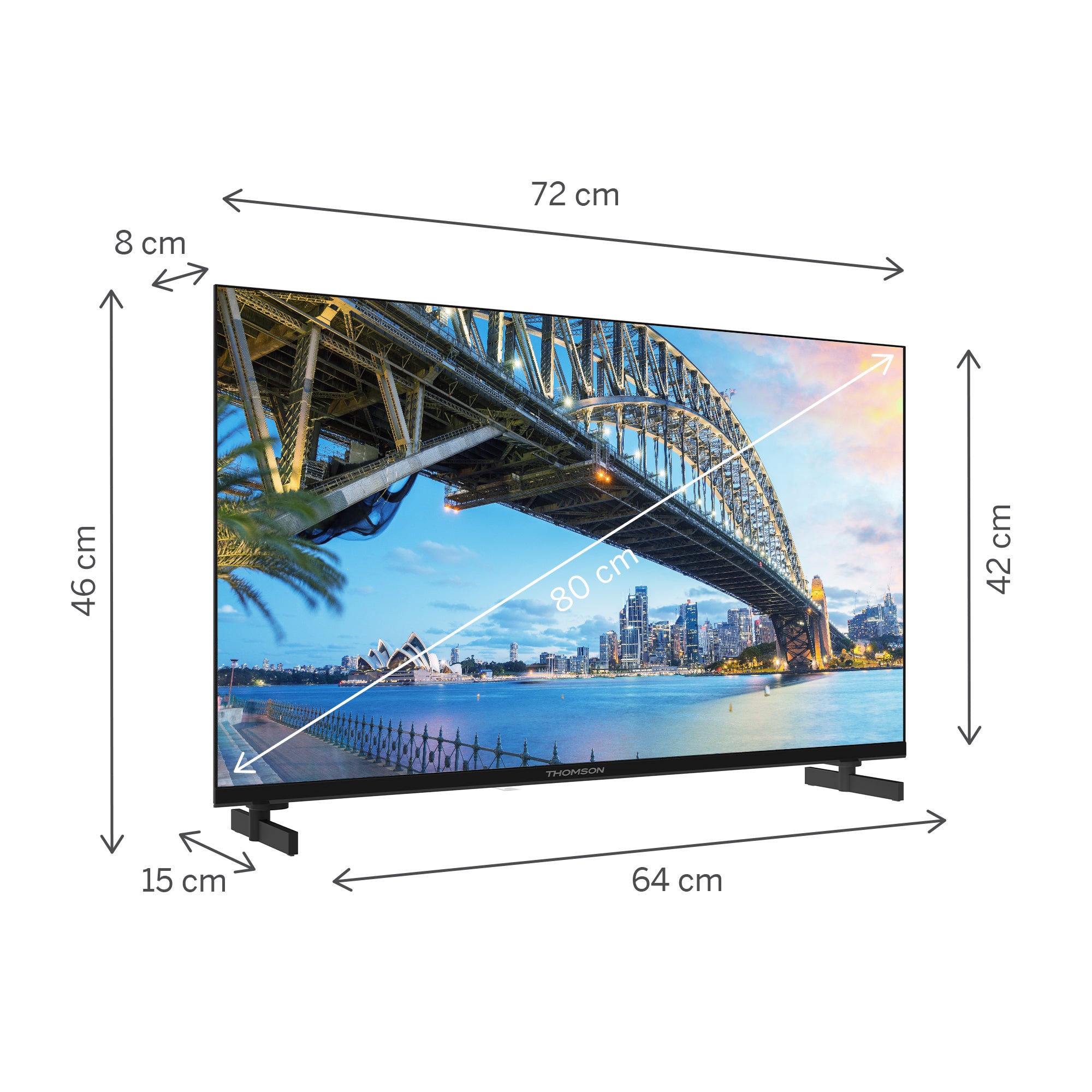 Thomson TV screen displaying a cityscape with dimensions labeled on a white background