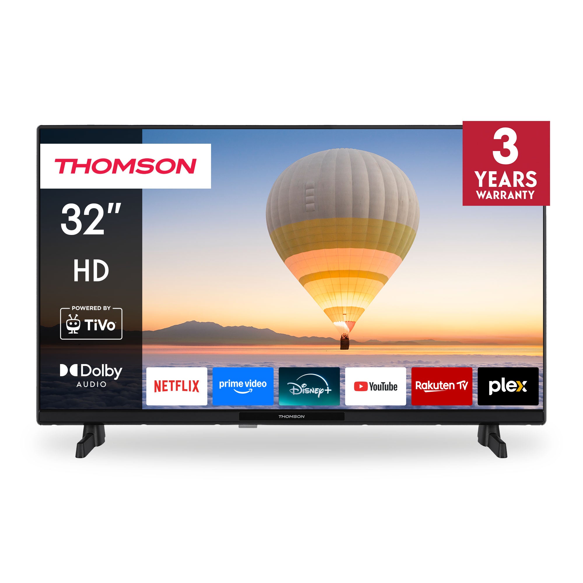32-inch HD TV with Thomson branding and 3-year warranty on a white background