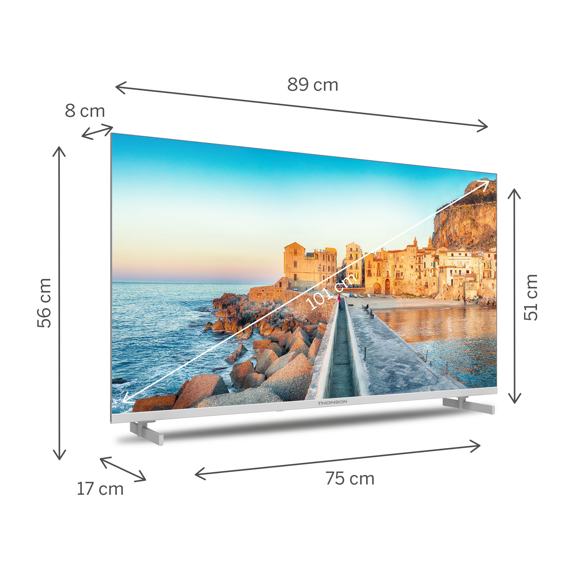 Thomson Smart TV with dimensions labeled on a white background