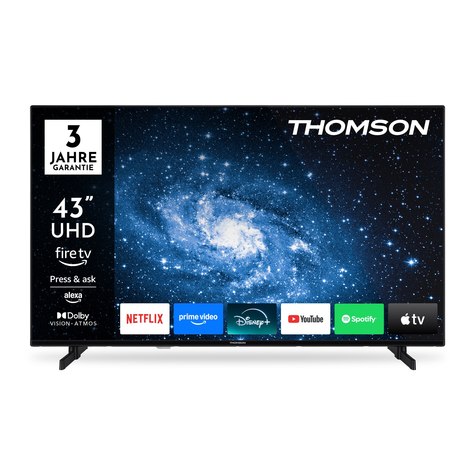 Thomson smart TV displaying a galaxy image with app icons on the screen.