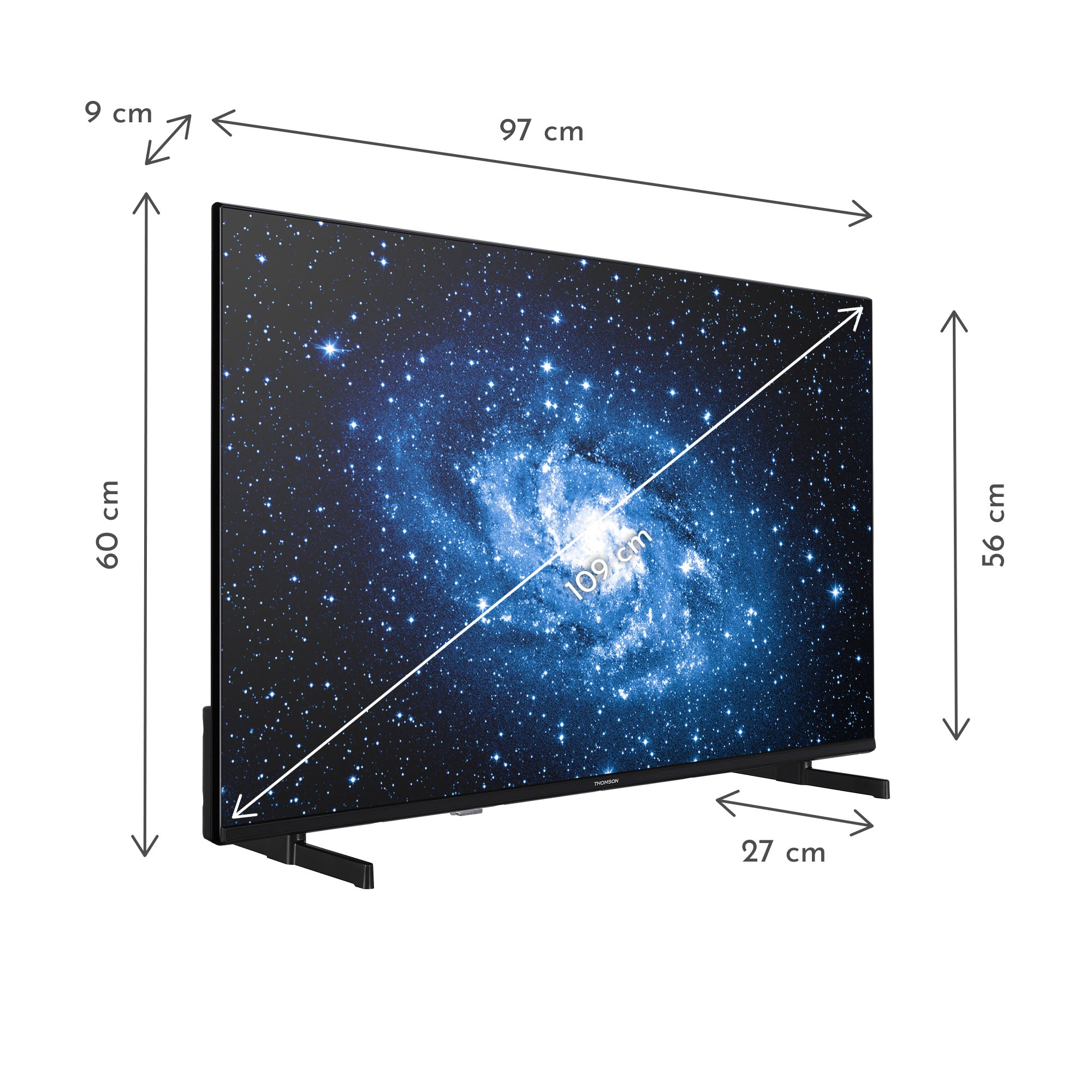 Smart TV with dimensions labeled on a white background