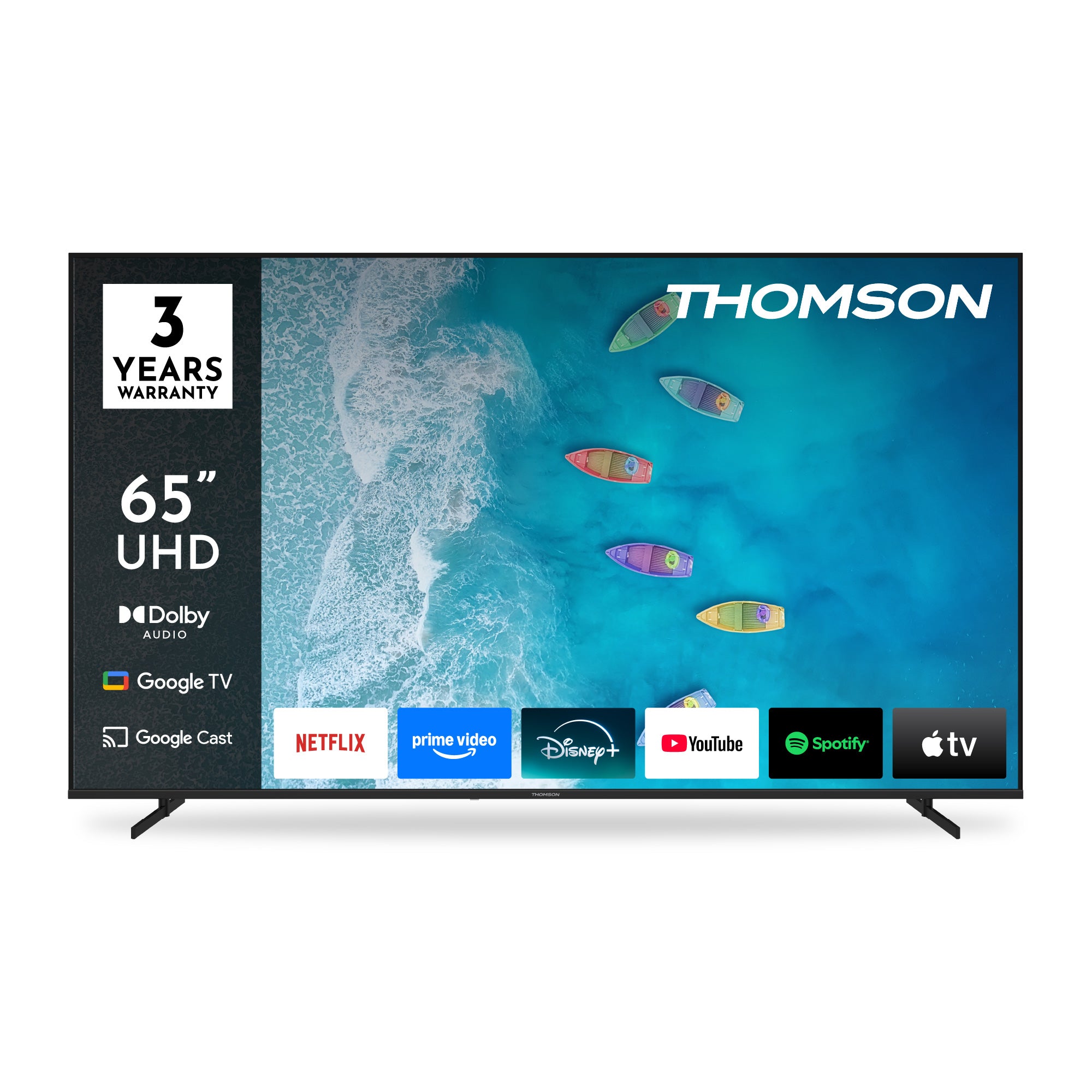 Thomson 65-inch UHD TV with brand logo and features on screen