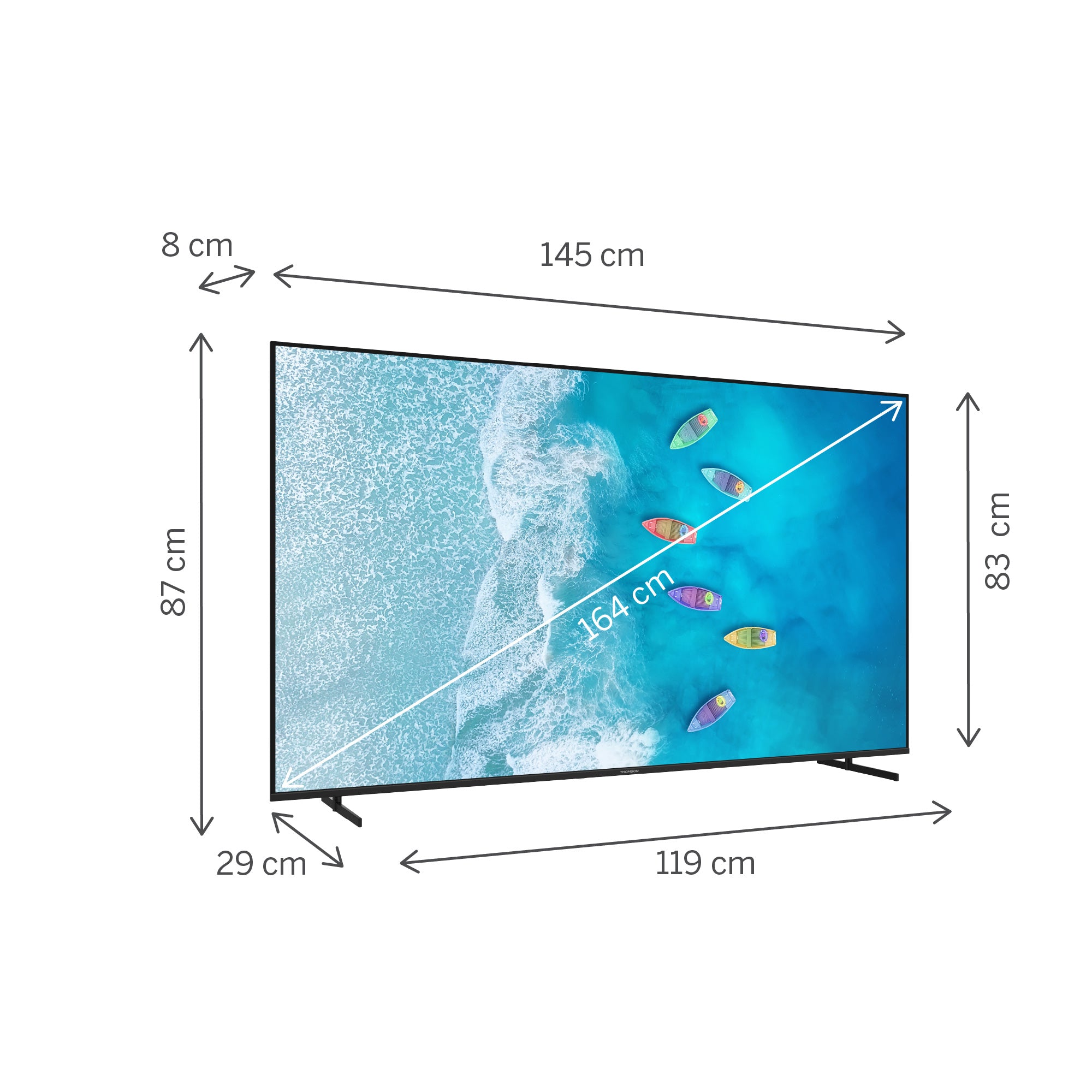 Measurement chart of a television screen with dimensions labeled