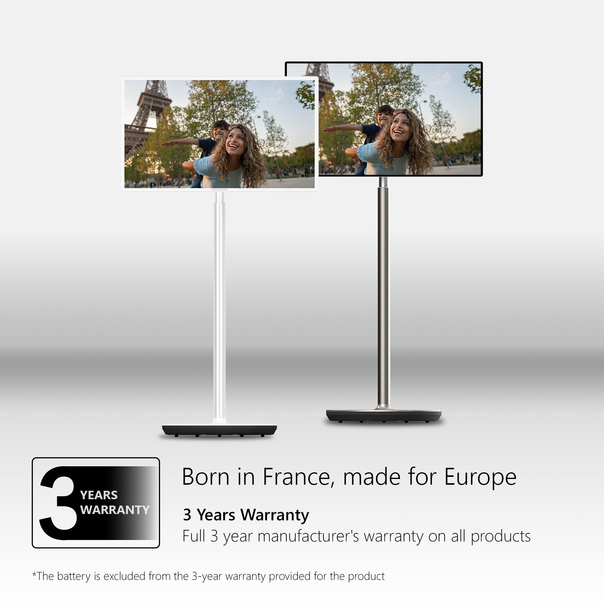 Two screens displaying a woman taking a selfie with the Eiffel Tower in the background, with a stand and 'Born in France, made for Europe' text.