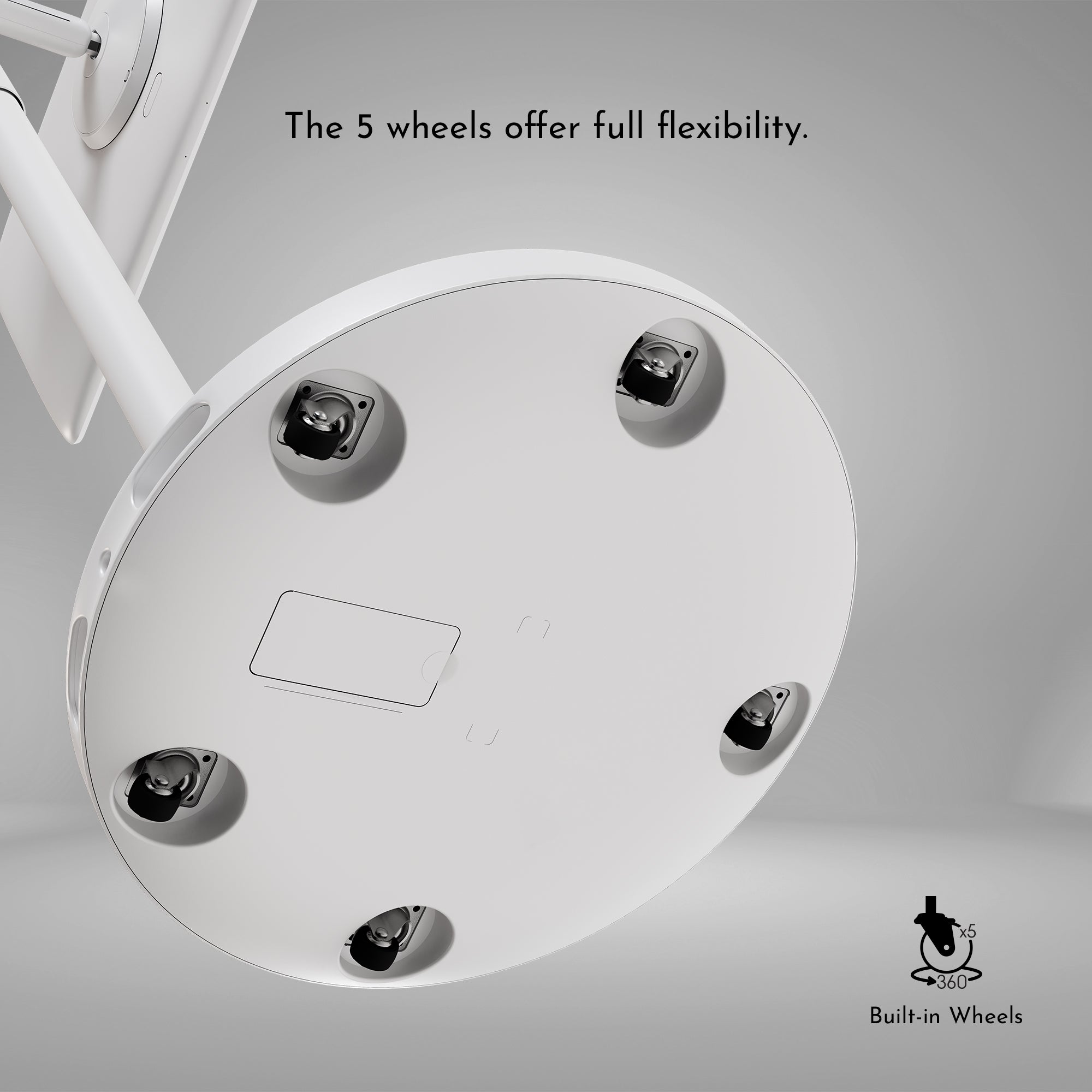 Close-up of a white chair base with five wheels on a gray background, featuring the brand 'Built-in Wheels'.