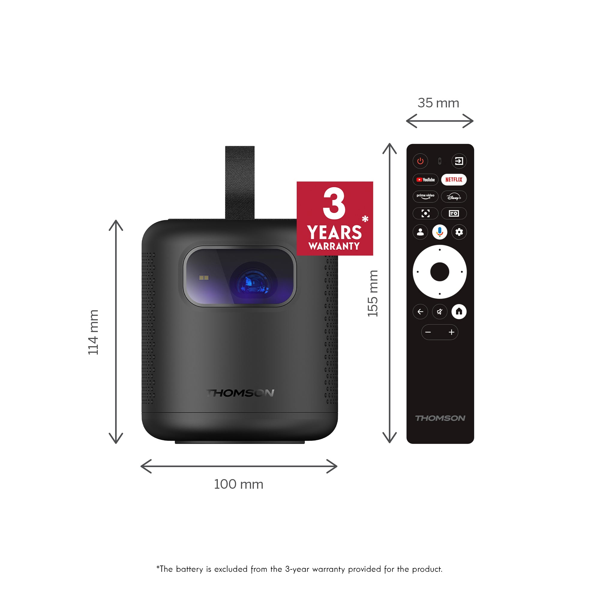 Black Thomson Vega portable projector with remote control and dimensions on a white background