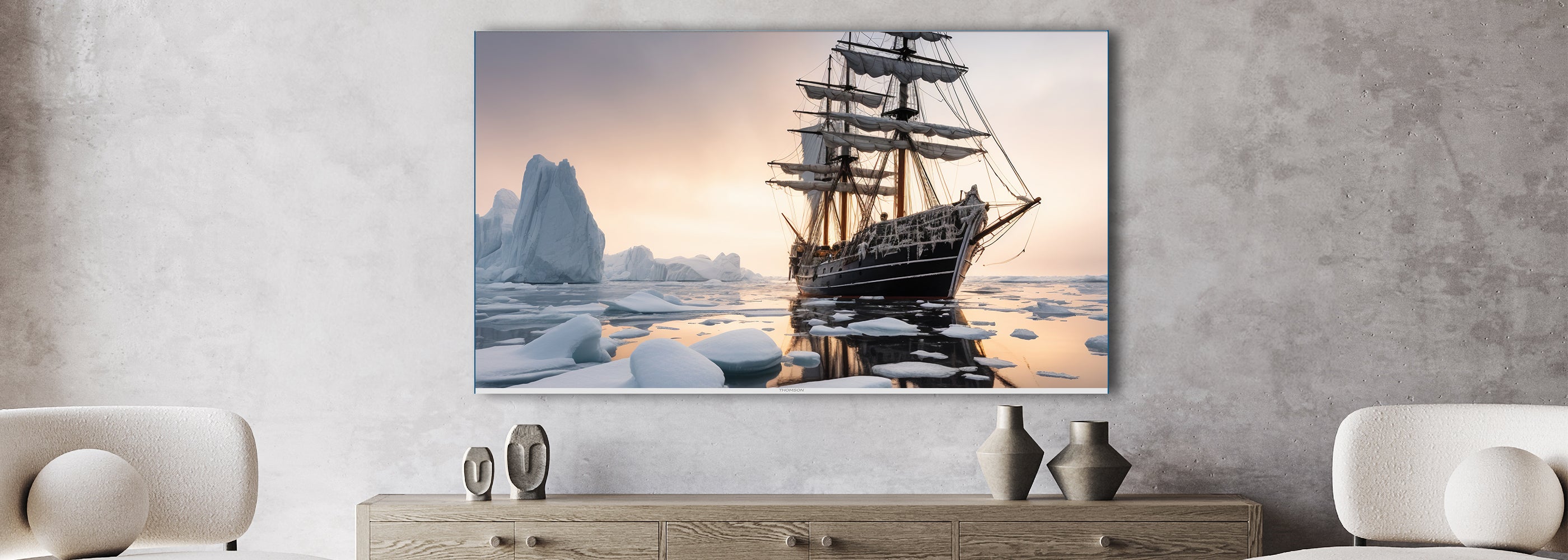 Large TV showing a ship in icy waters on a wall above a wooden console table.